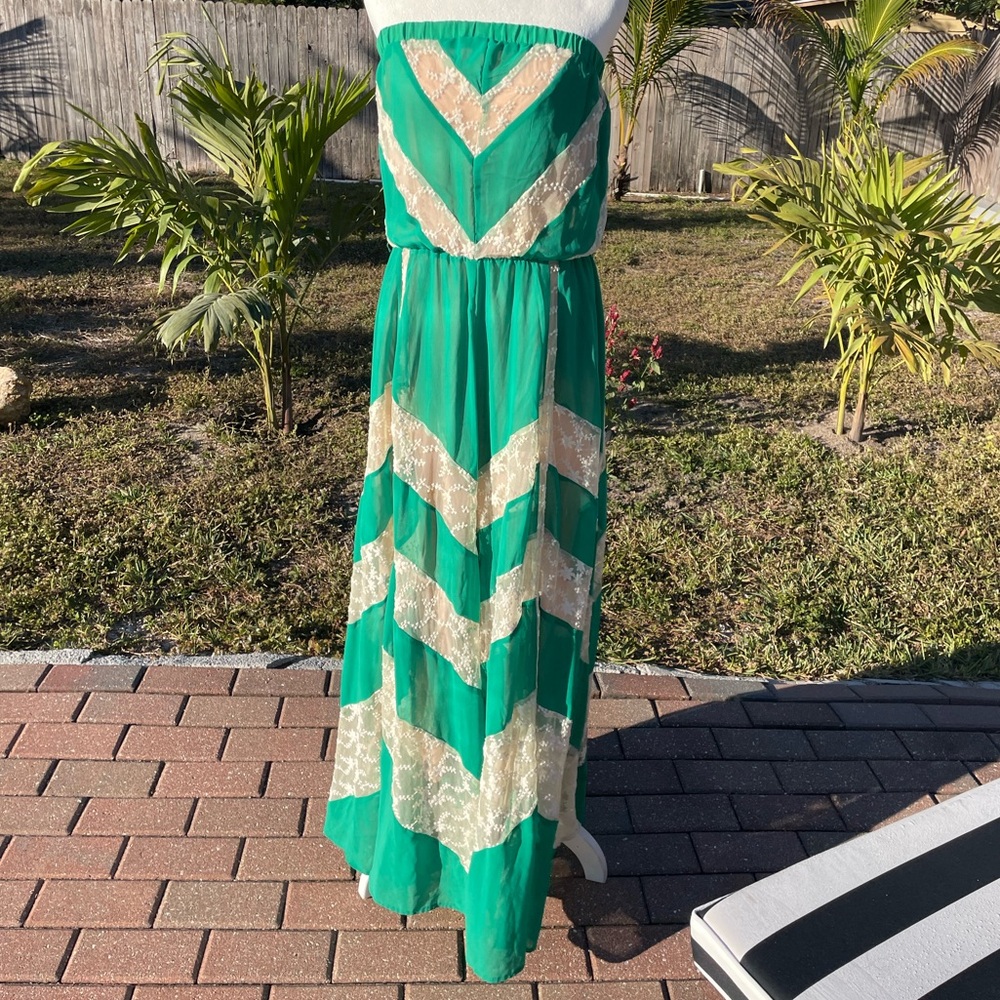Arden B Vintage Green and White Lace Strapless Dress Size Small